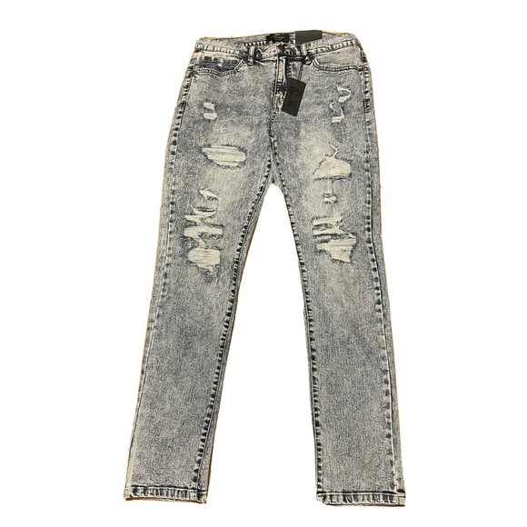 Ed Hardy Roaring Tiger Head Distressed Denim Jeans Blue Men's Slim Taper